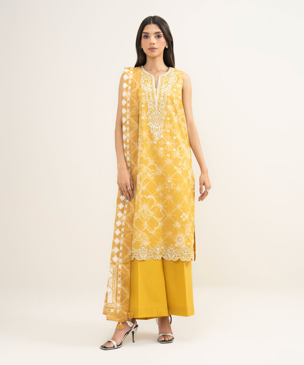 Women's Unstitched Lawn Embroidered Yellow 3 Piece Suit