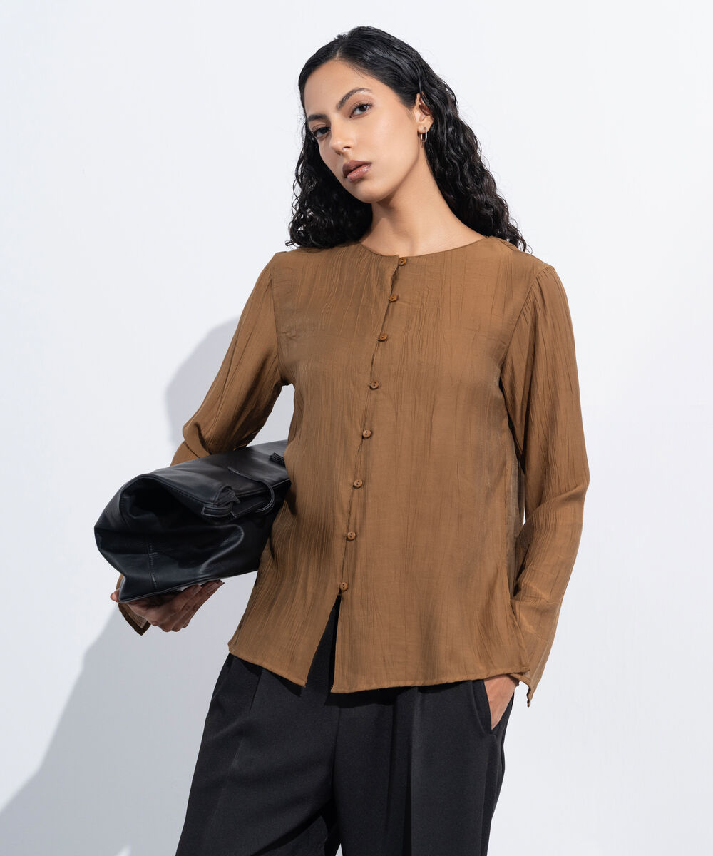 Women's Western Wear Brown Regular-Fit Textured Top