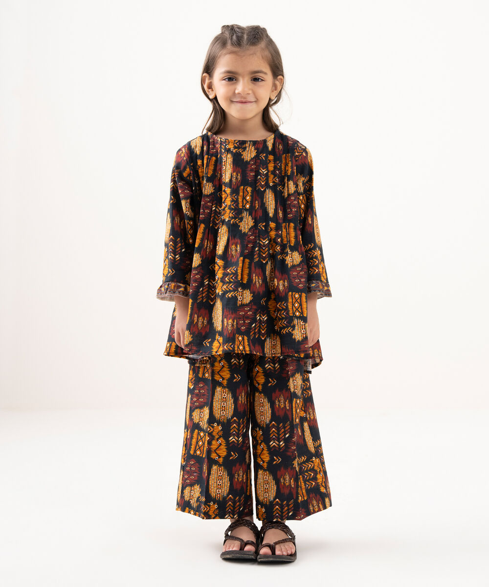 Girl's Light Khaddar Printed Black 2 Piece Suit