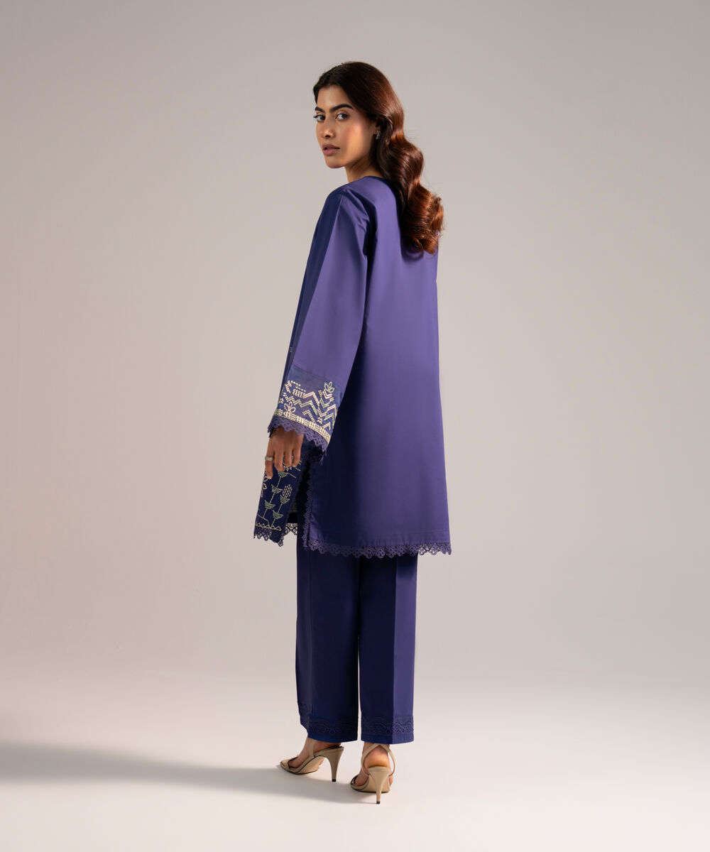 Women's RTW Cambric Embroidered Dark Blue Straight Shirt