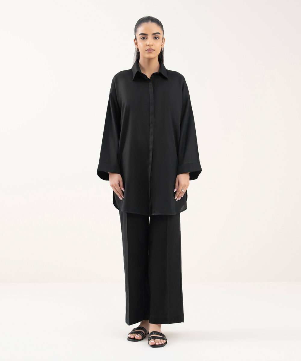 Women's RTW Cotton Linen Black Solid Button Down Shirt