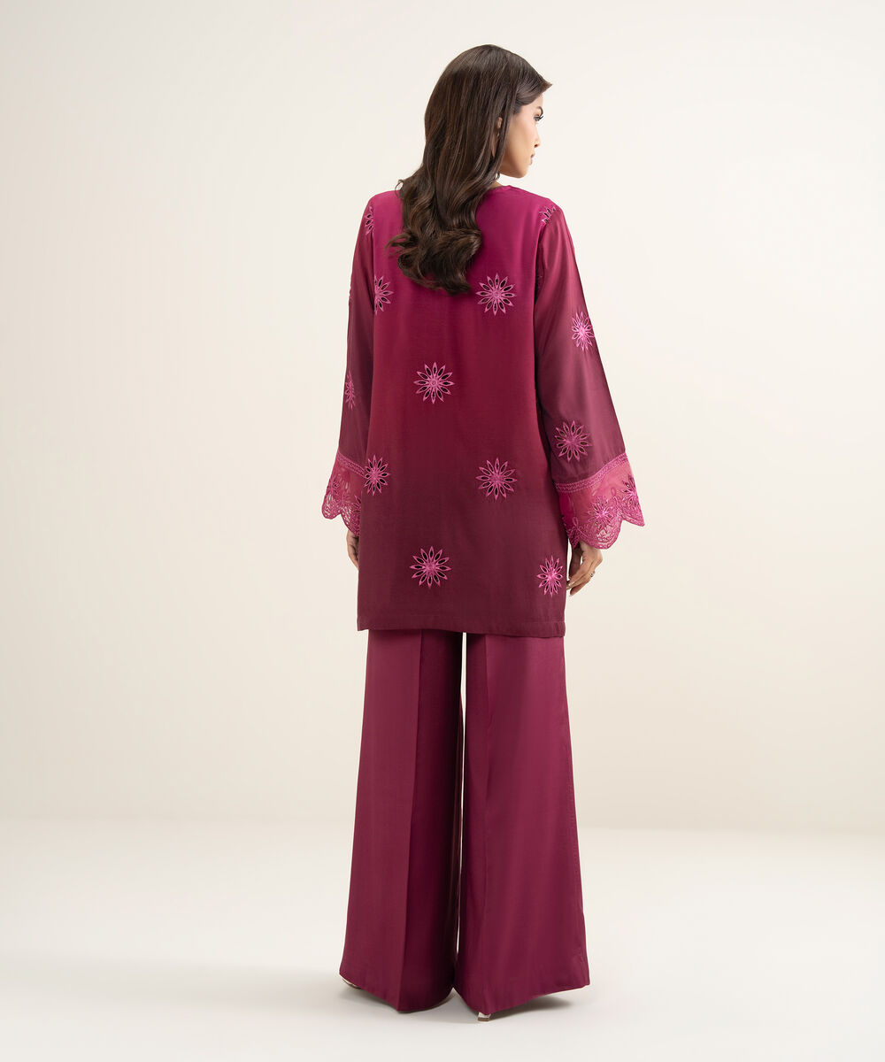 Women's RTW Viscose Raw Silk Embroidered Purple Straight Shirt