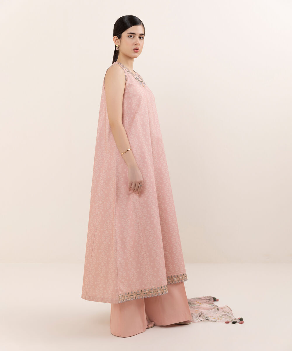 Women's Unstitched Cotton Embroidered Pink Three Piece Suit