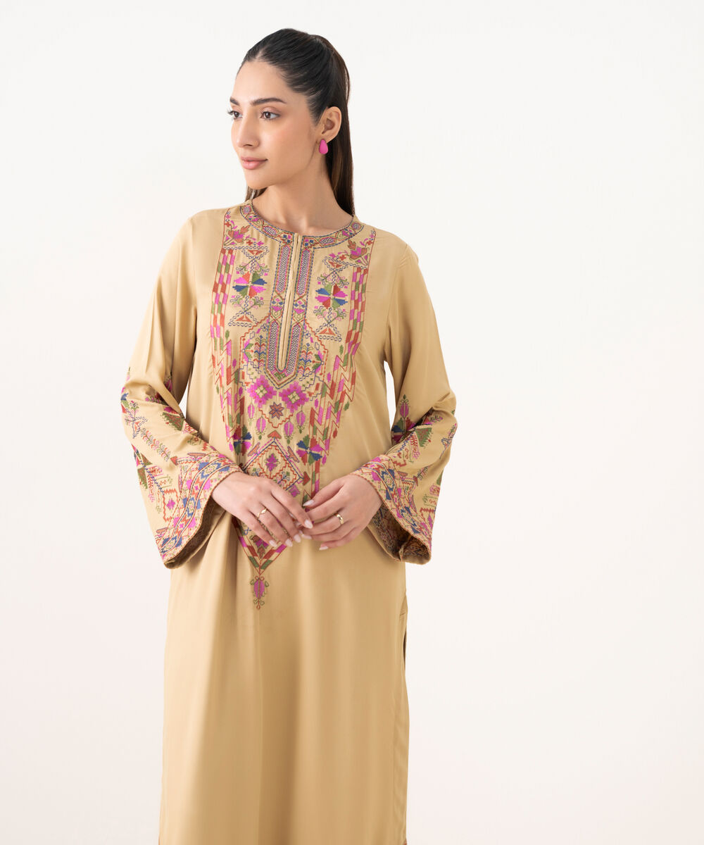 Women's RTW Bedford  Embroidered Beige A-Line Shirt