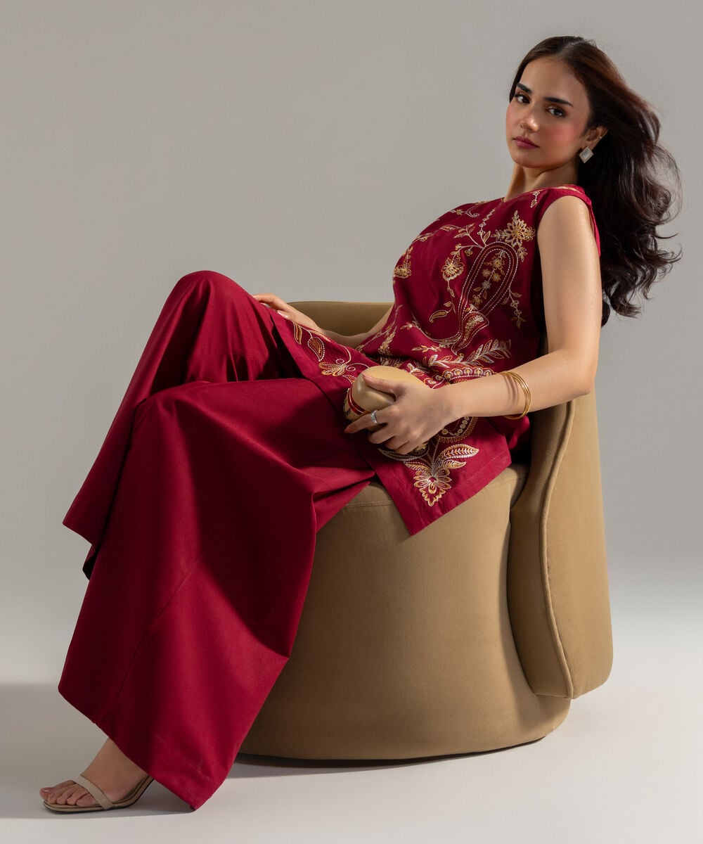 Women's RTW Lawn Solid Embroidered Maroon Straight Shirt
