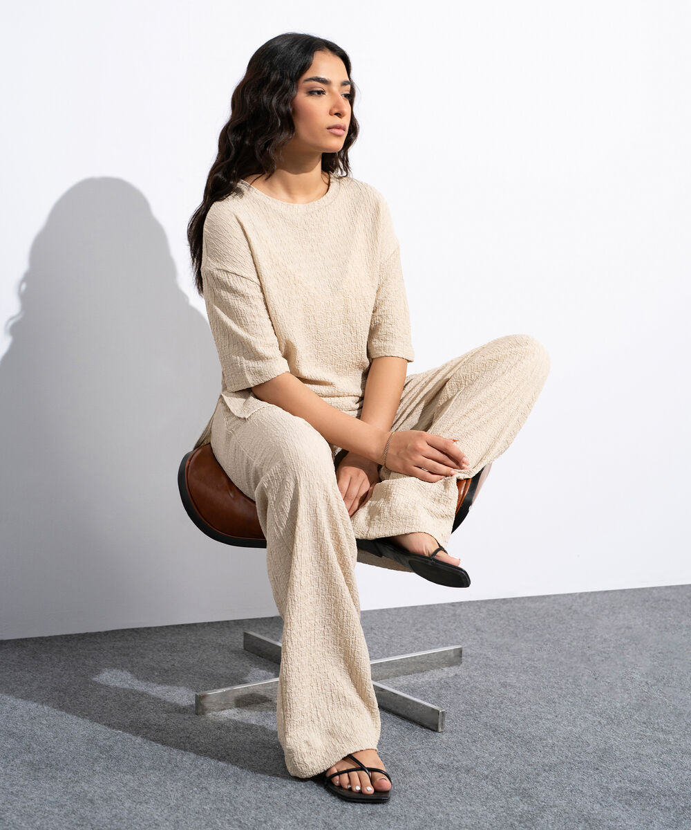 Women's Beige Loose Fit Textured T-Shirt