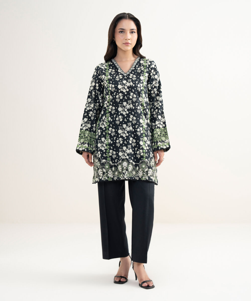 Women's RTW Cotton Viscose Embroidered Black Straight Shirt