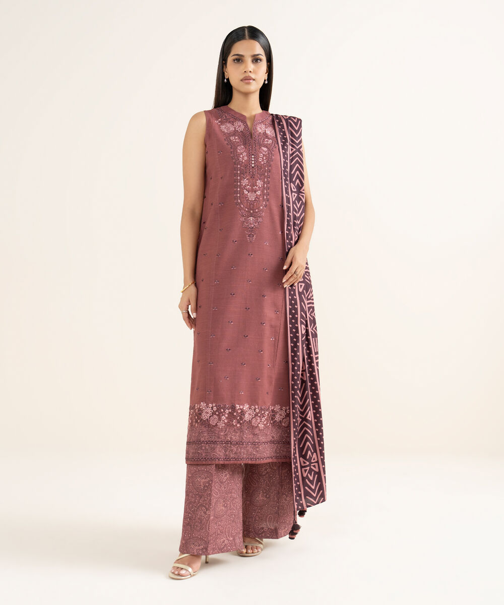 Women's Unstitched Khaddar Embroidered Pink 3 Piece Suit