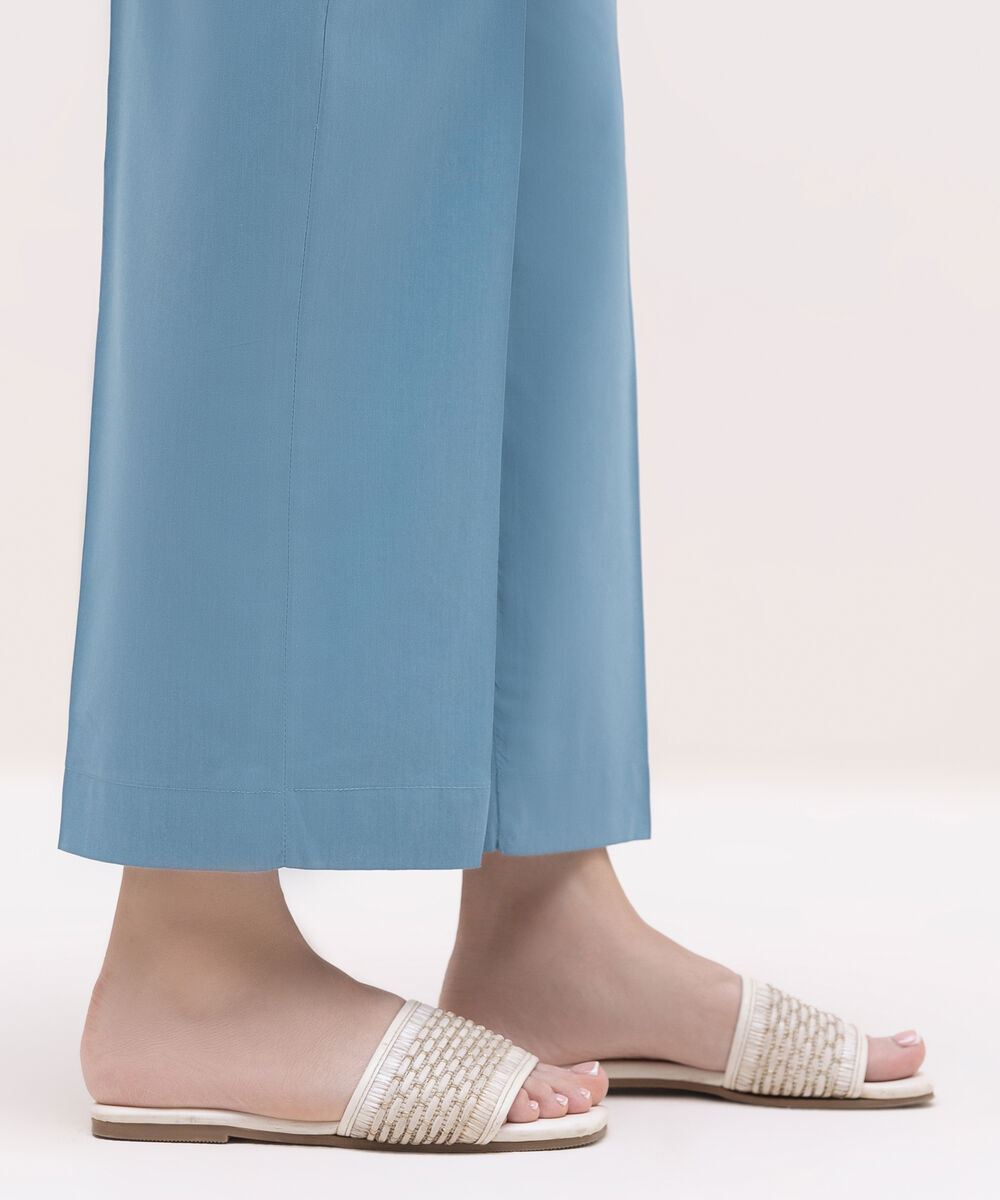 Women's RTW Cotton Viscose Blue Solid Straight Pants