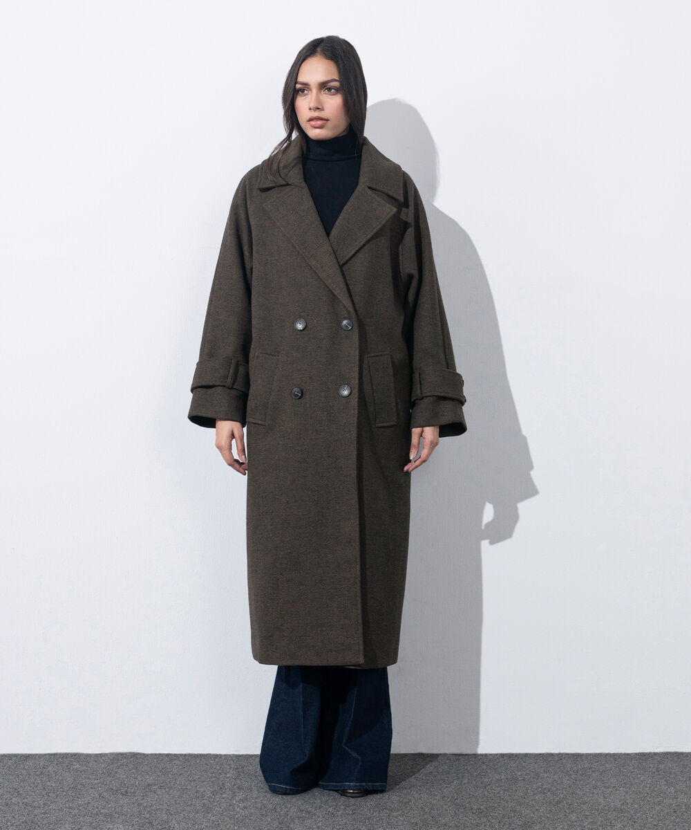 Women's Western Wear Green Melange Double Breasted Tweed Coat