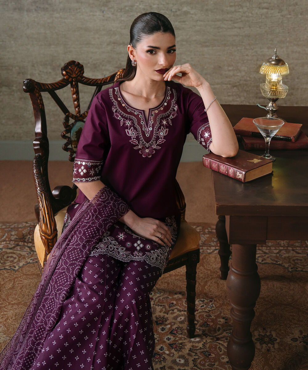 Women's Unstitched Textured Lawn Embroidered Purple 3 Piece Suit