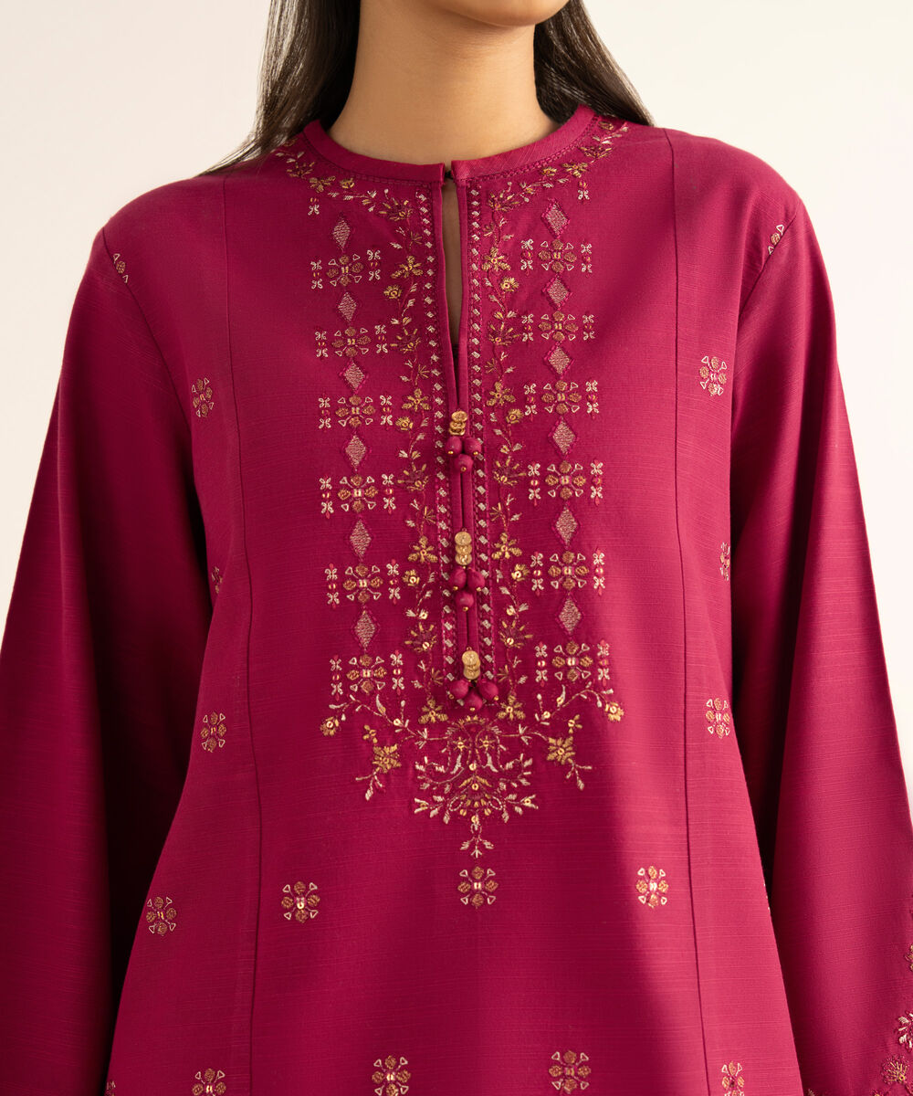 Women's Unstitched Cotton Embroidered Red 3 Piece Suit