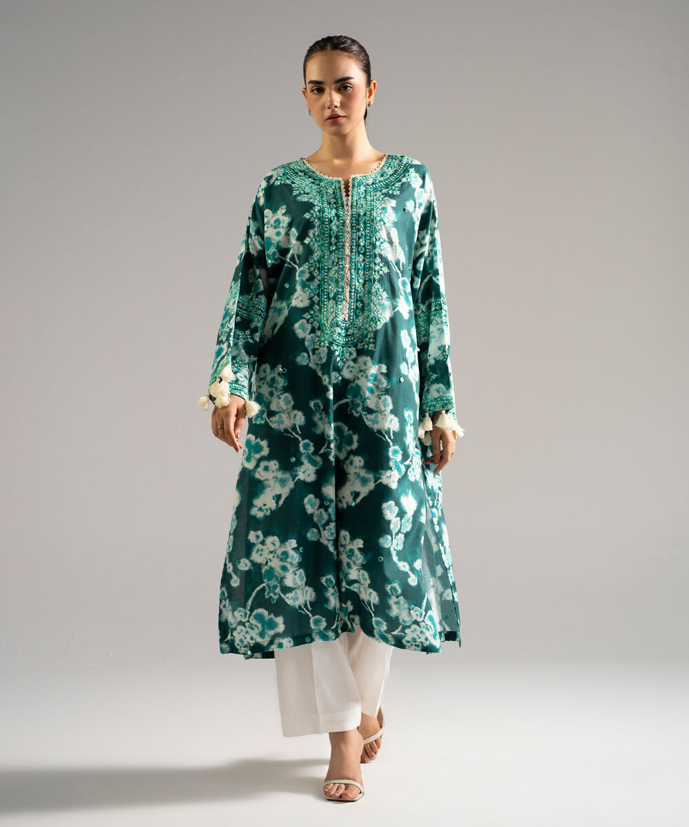 Women's RTW Dobby Embroidered Green Drop Shoulder Shirt