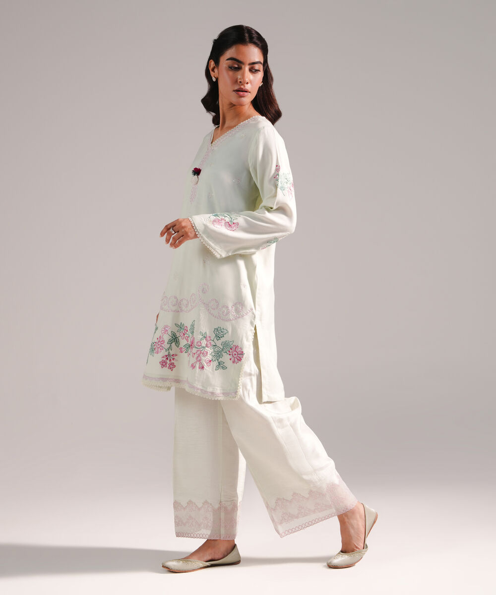 Women's RTW Viscose Raw Silk Embroidered Mint Green 2 Piece Suit