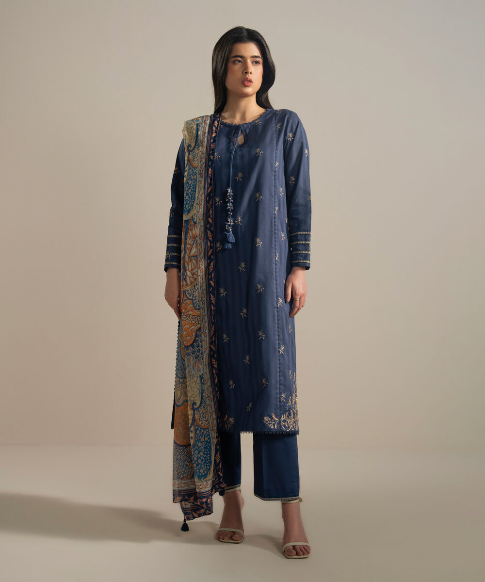 Women's RTW Leno Kara Embroidered Blue A-Line Shirt