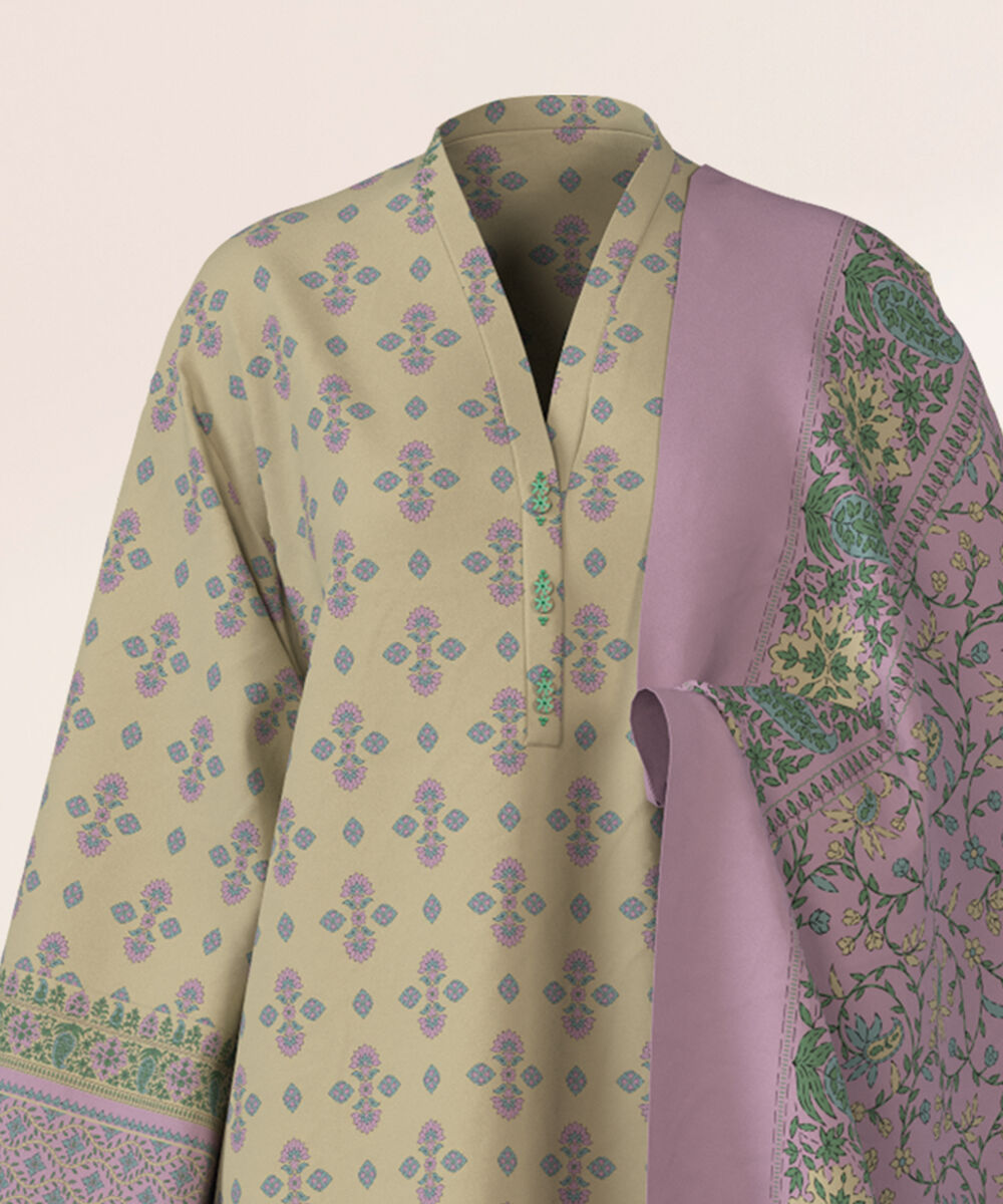 Women's Unstitched Viscose Khaddar Printed Green 3 Piece Suit