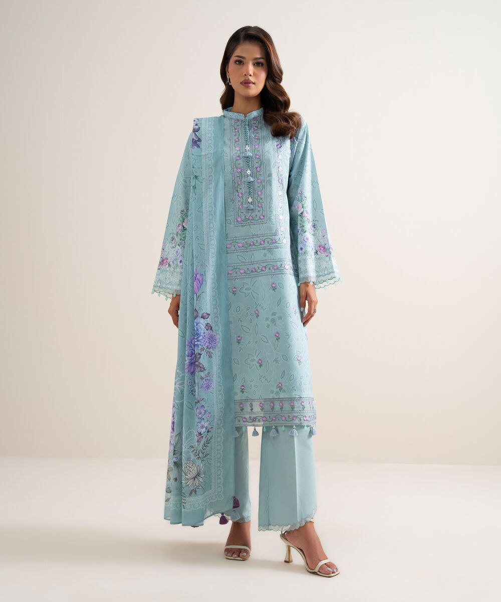 Women's Unstitched Lawn Embroidered Blue 3 Piece Suit
