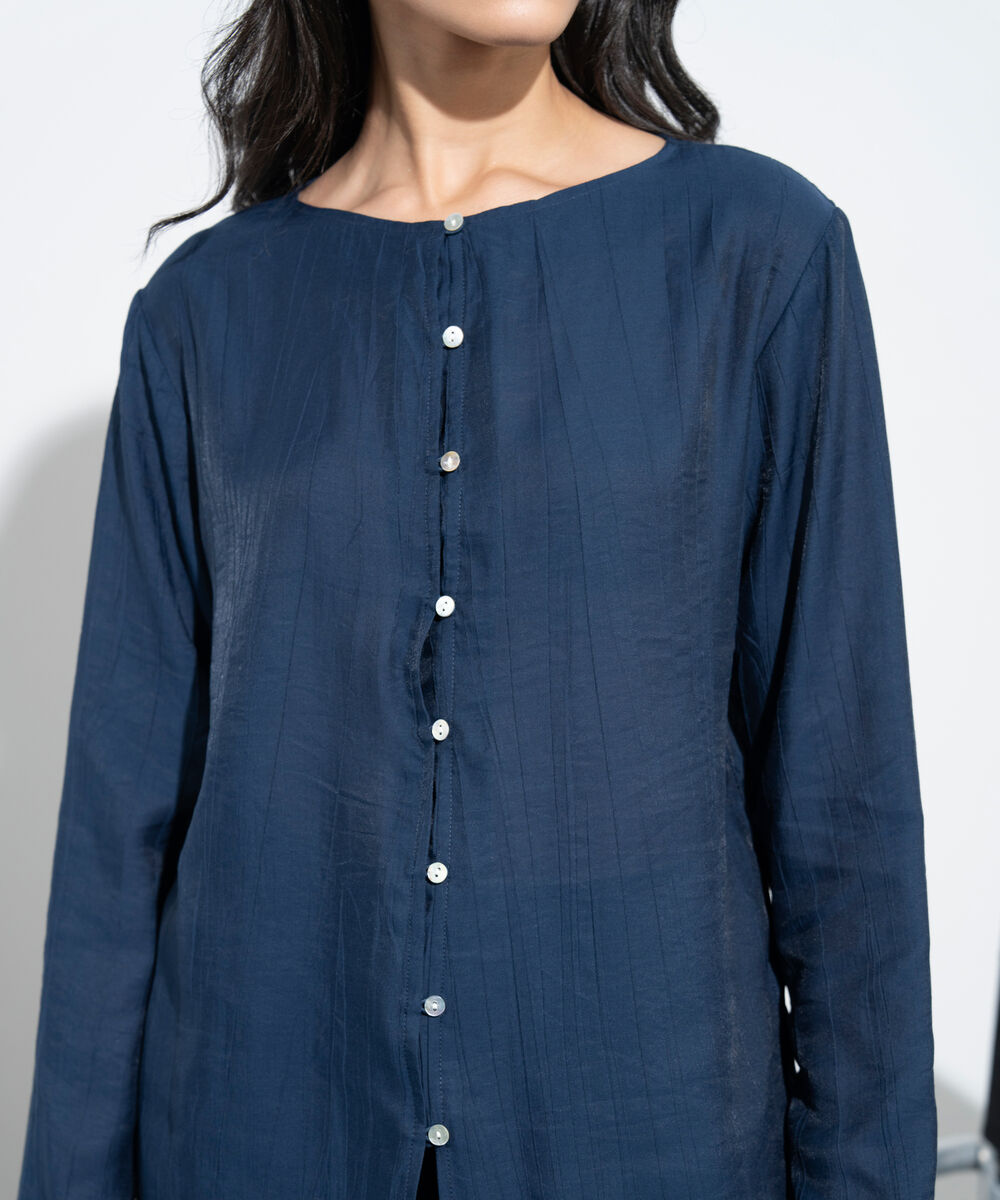 Women's Western Navy Slash Neck Textured Top