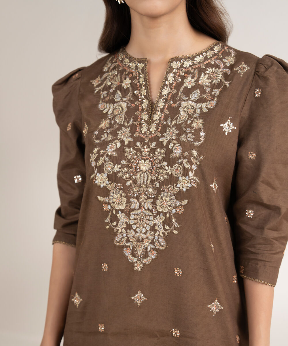 Women's Unstitched Embroidered Viscose Raw Silk Brown 3 Piece Suit