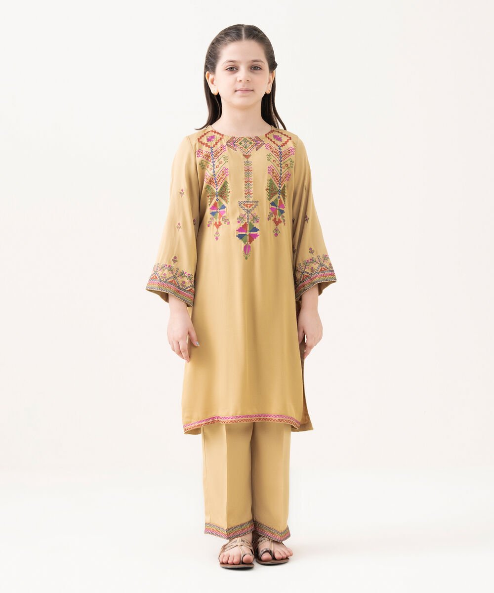 Girl's Bedford  Embroidered Beige 2 Piece Suit