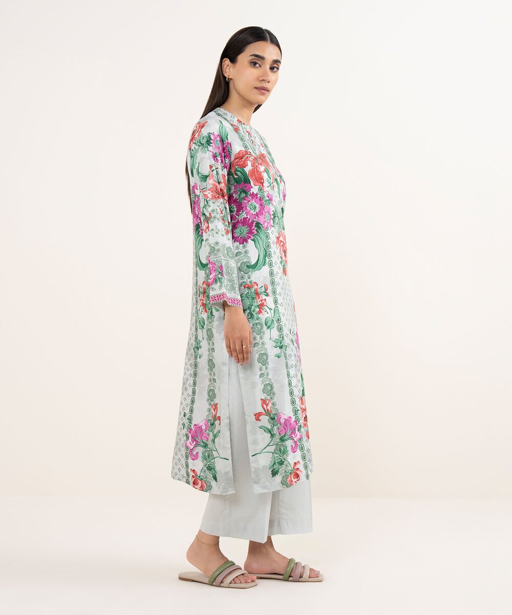 Women's RTW Arabic Lawn Grey Printed Straight Shirt