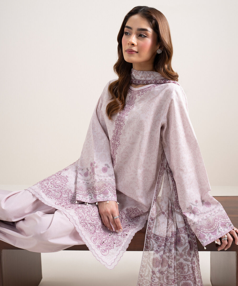 Women's Unstitched Lawn Embroidered Pink 3 Piece Suit