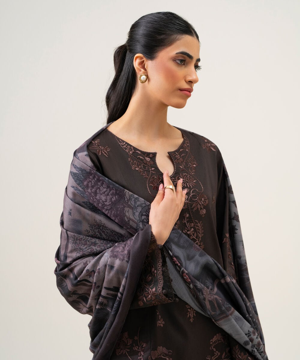 Women's Unstitched Cotton Twill Embroidered Dark Brown 3 Piece Suit