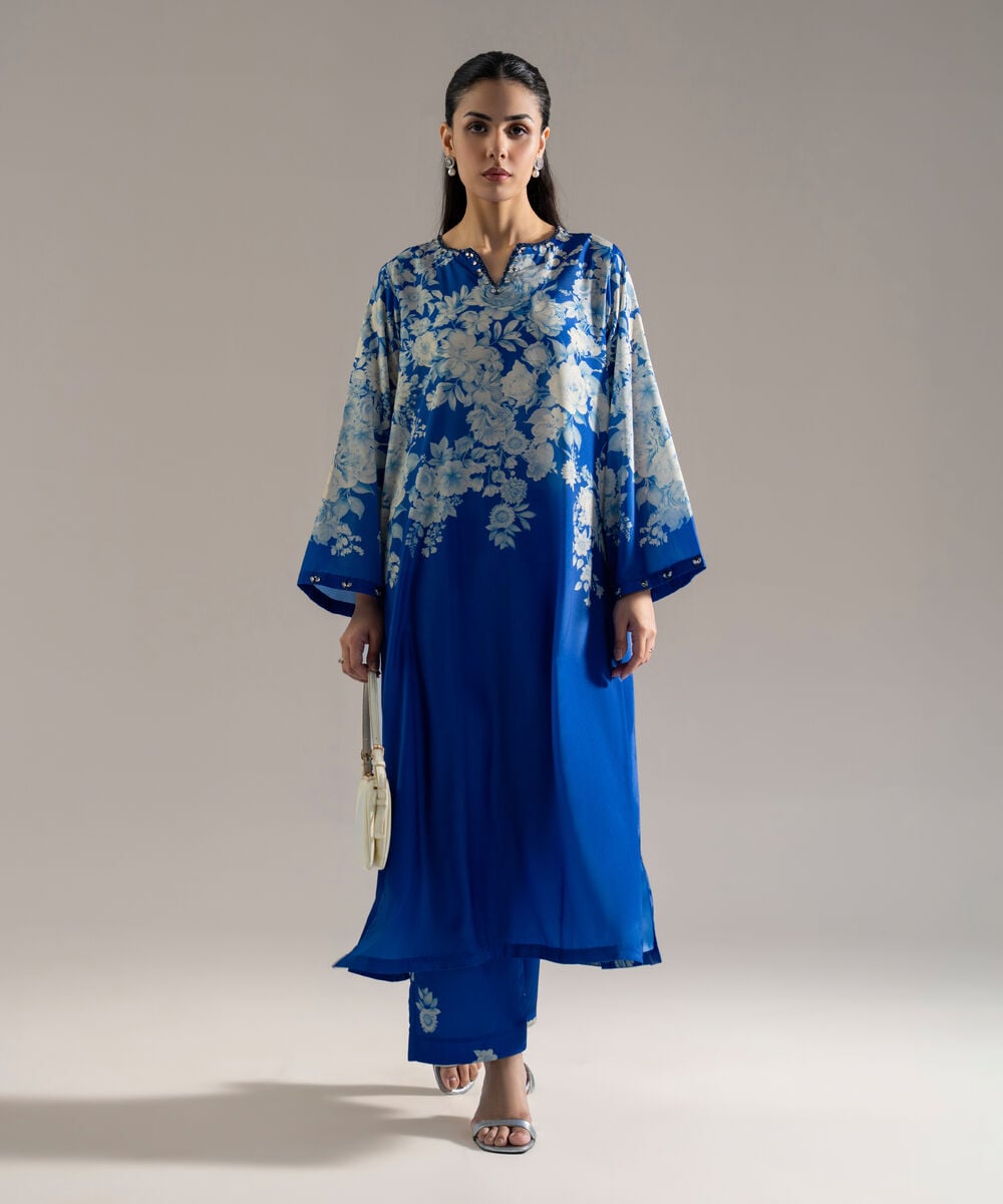 Women's RTW Printed Blue Blended Grip 2 Piece Suit