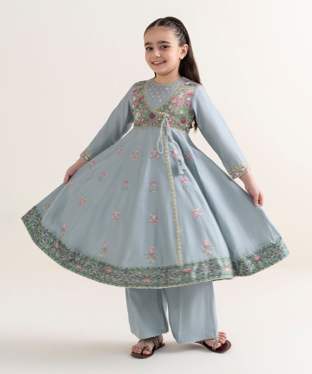 Girl's Silk Cotton Net Blue Embroidered 2 Piece Suit