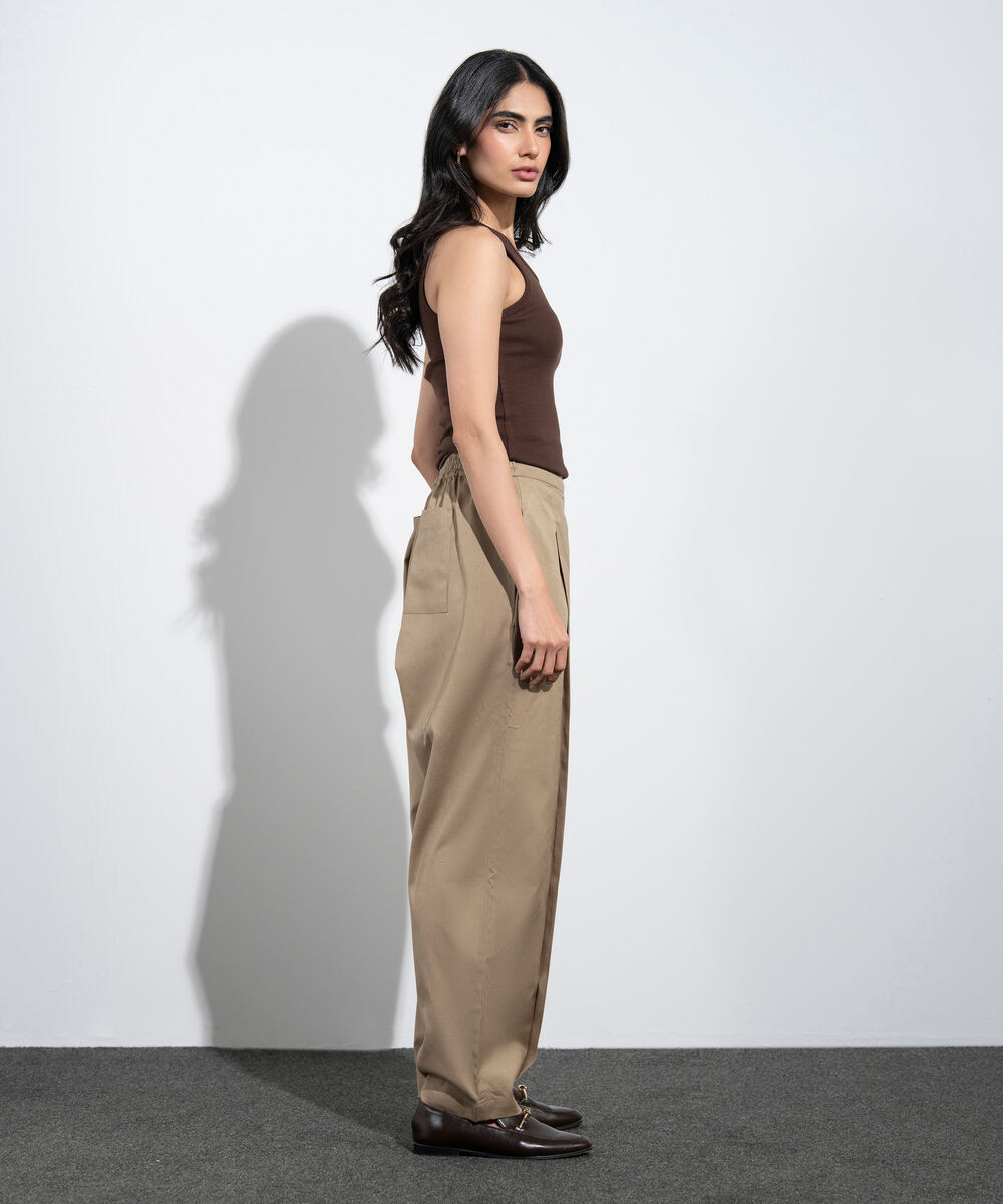 Women's Western Sand Pleated Barrel Linen Blend Trousers