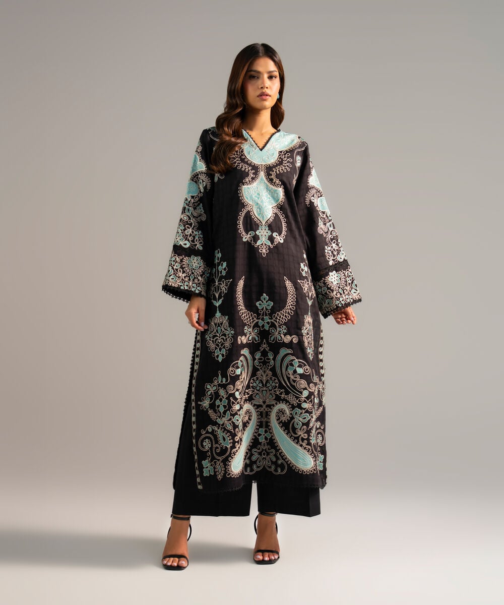 Women's RTW Dobby Embroidered Black A-Line Shirt