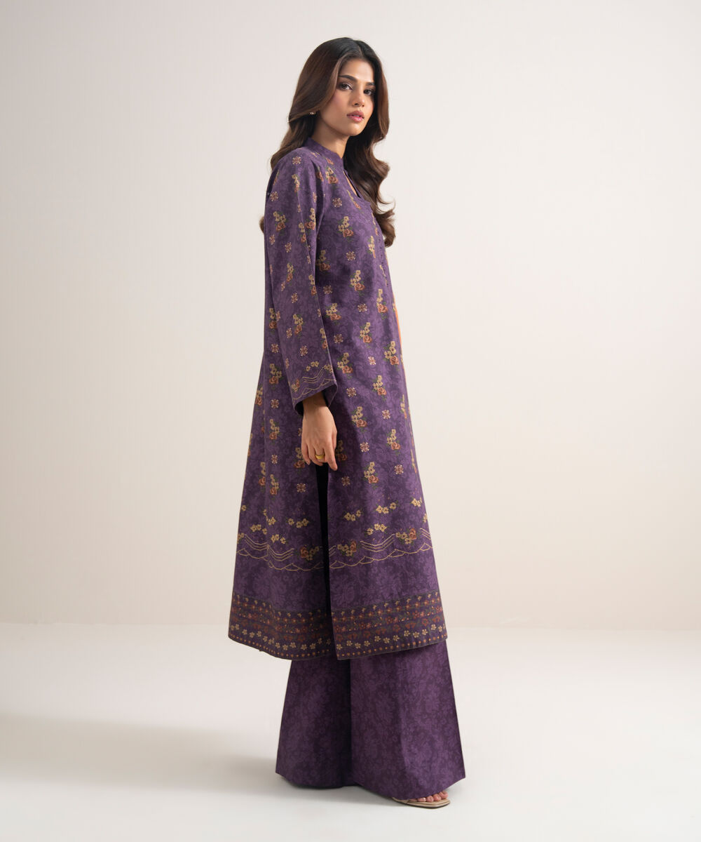 Women's Unstitched Cotton Embroidered Purple