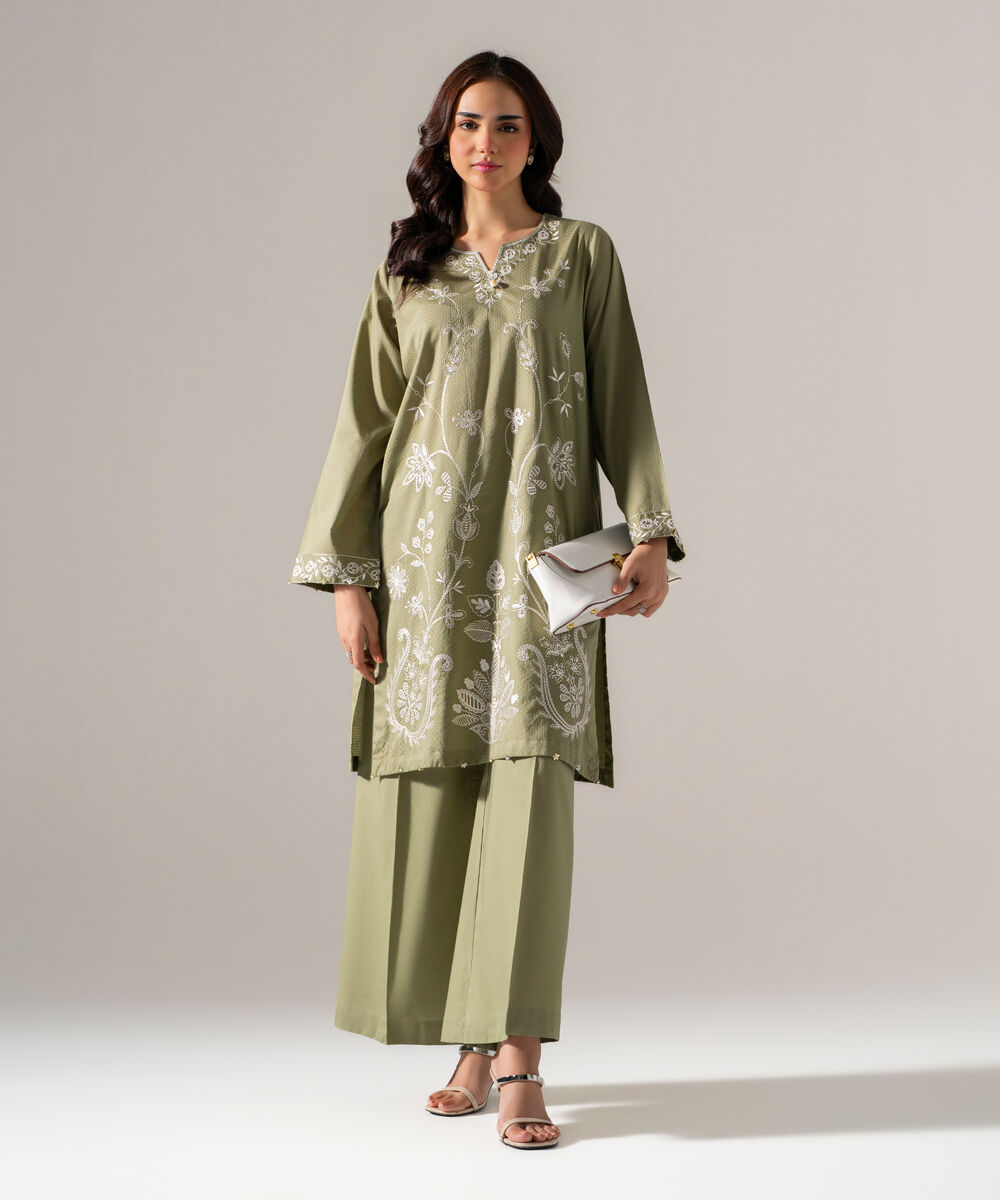 Women's RTW Dobby Solid Embroidered Green Straight Shirt