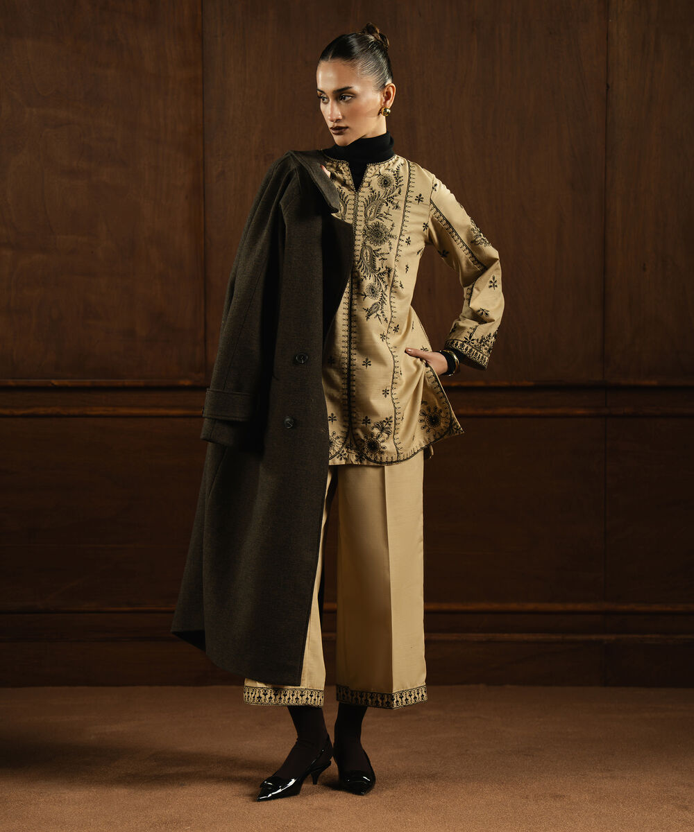 Women's RTW Khaddar Embroidered Beige Culottes