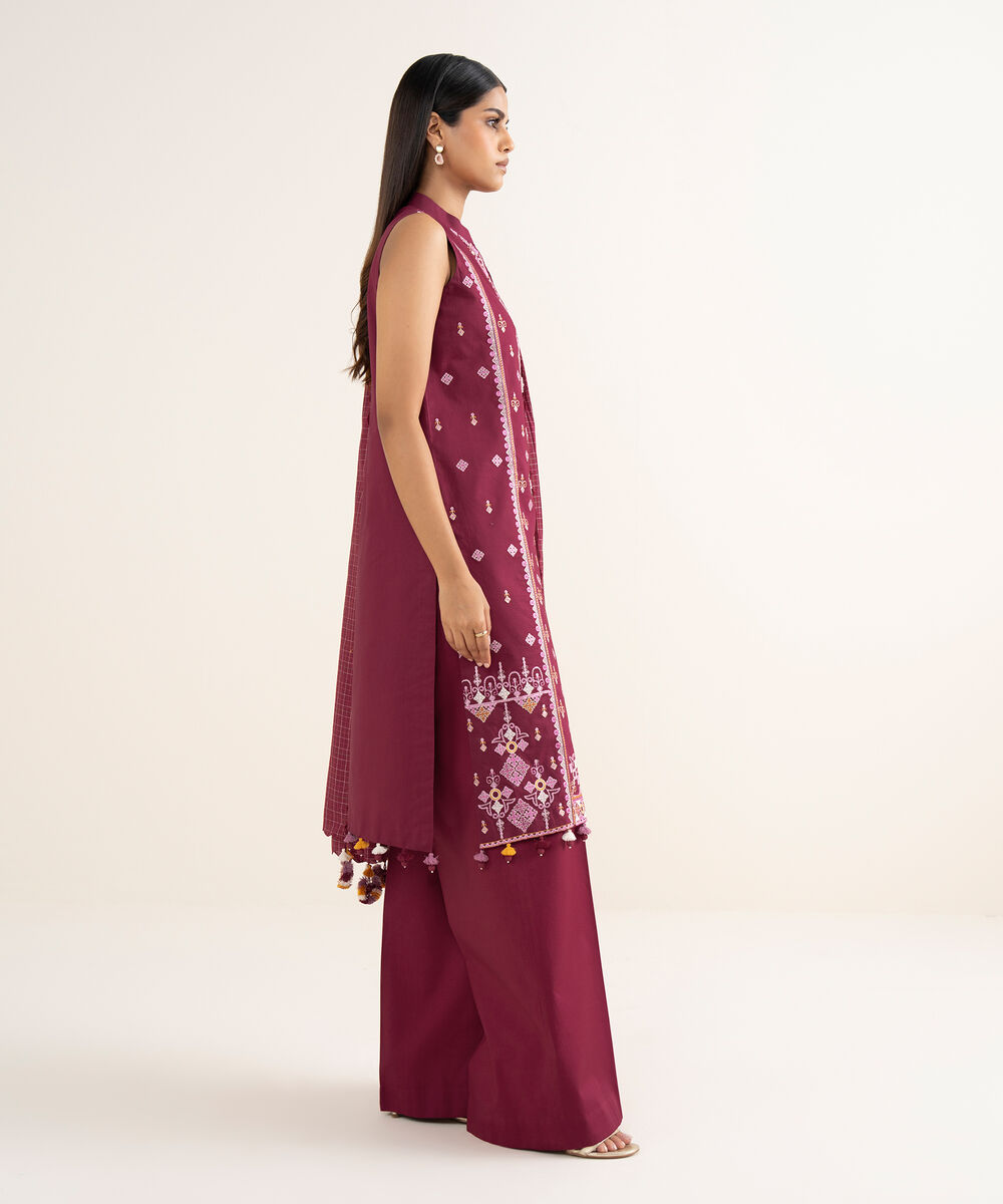 Women's Unstitched Embroidered Cotton Red 3 Piece Suit