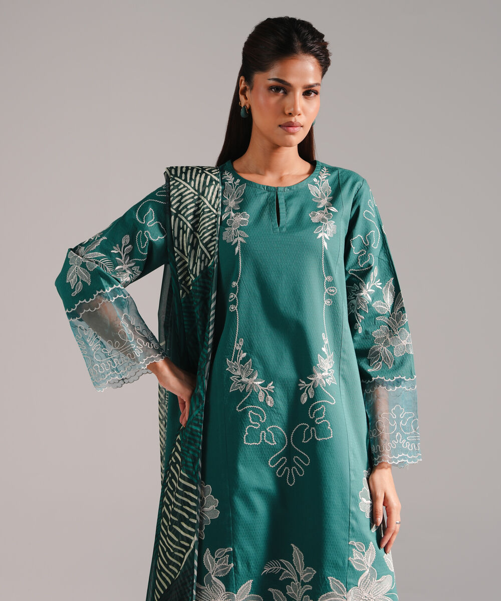Women's RTW Dobby Embroidered Teal 3 Piece Suit