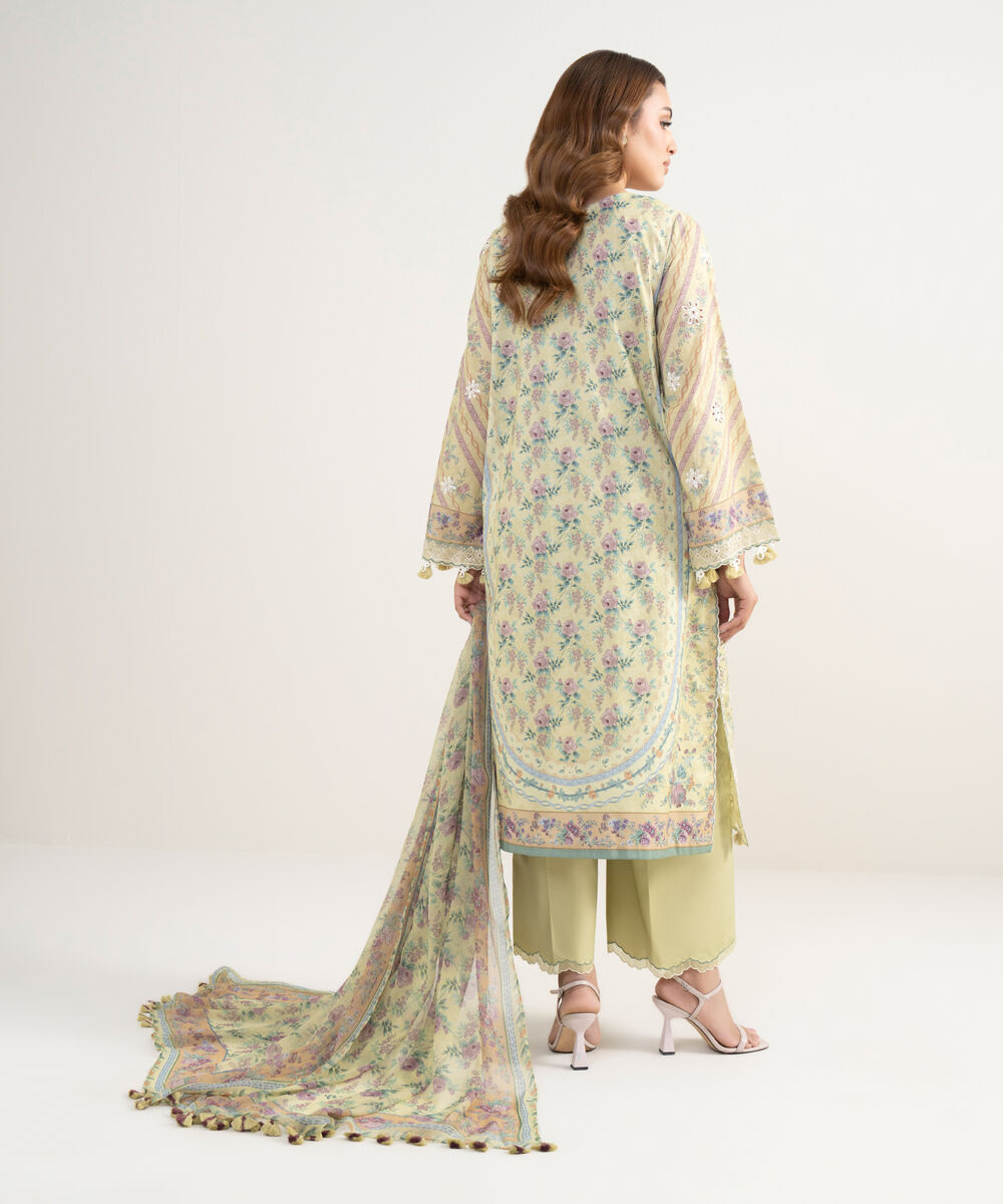 Women's Unstitched Fine Lawn Embroidered Yellow 3 Piece Suit