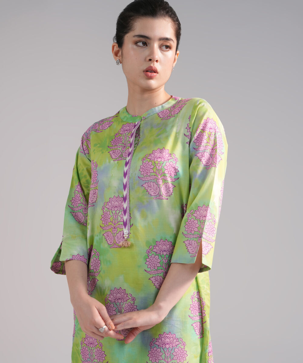 Women's RTW Slub Lawn Printed Bright Green Straight Shirt