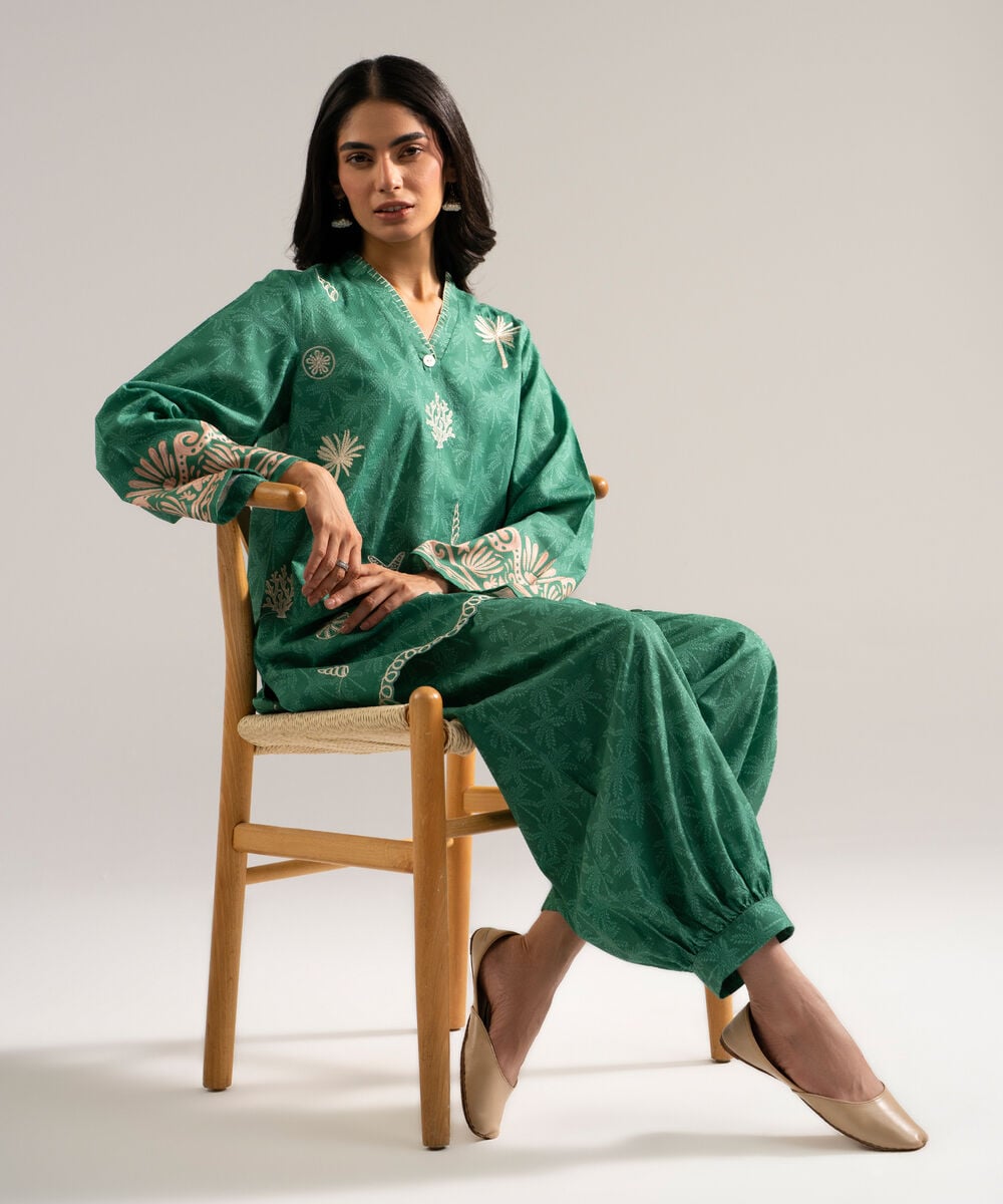 Women's RTW Dobby Embroidered Green Straight Shirt