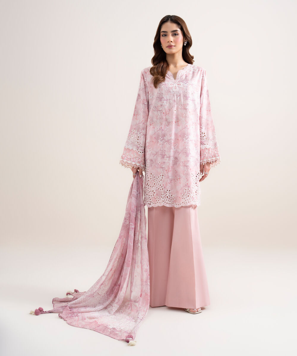 Women's Unstitched Lawn Embroidered Pink 3 Piece Suit