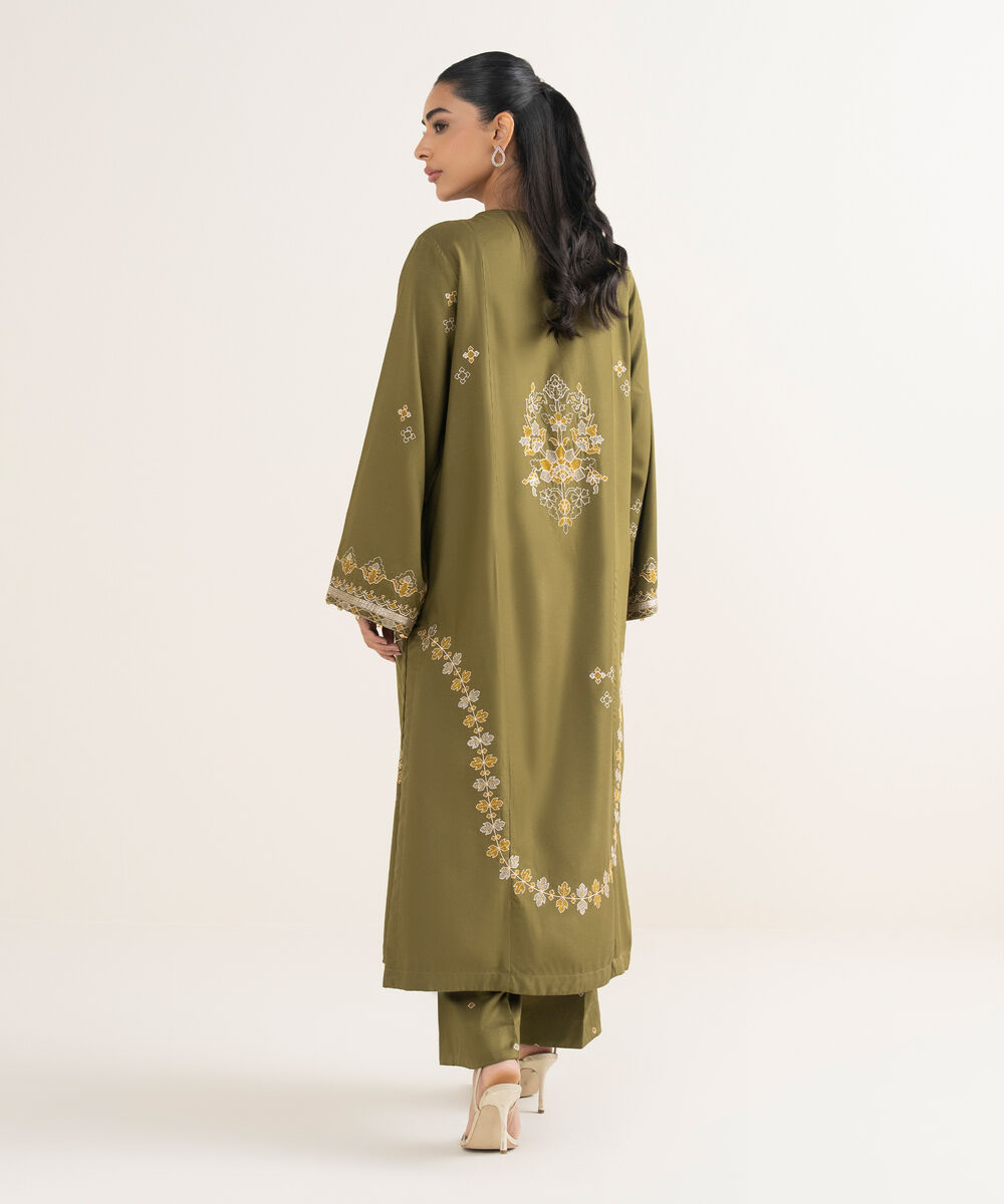 Women's RTW Viscose Marina Embroidered Green A-Line Shirt