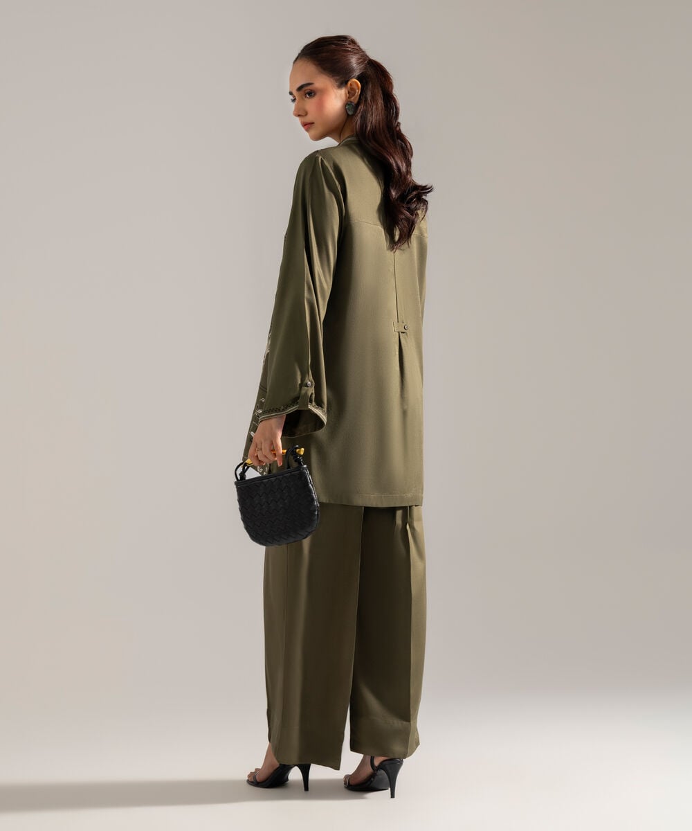 Women's RTW Solid Embroidered Olive Green Bedford Shirt