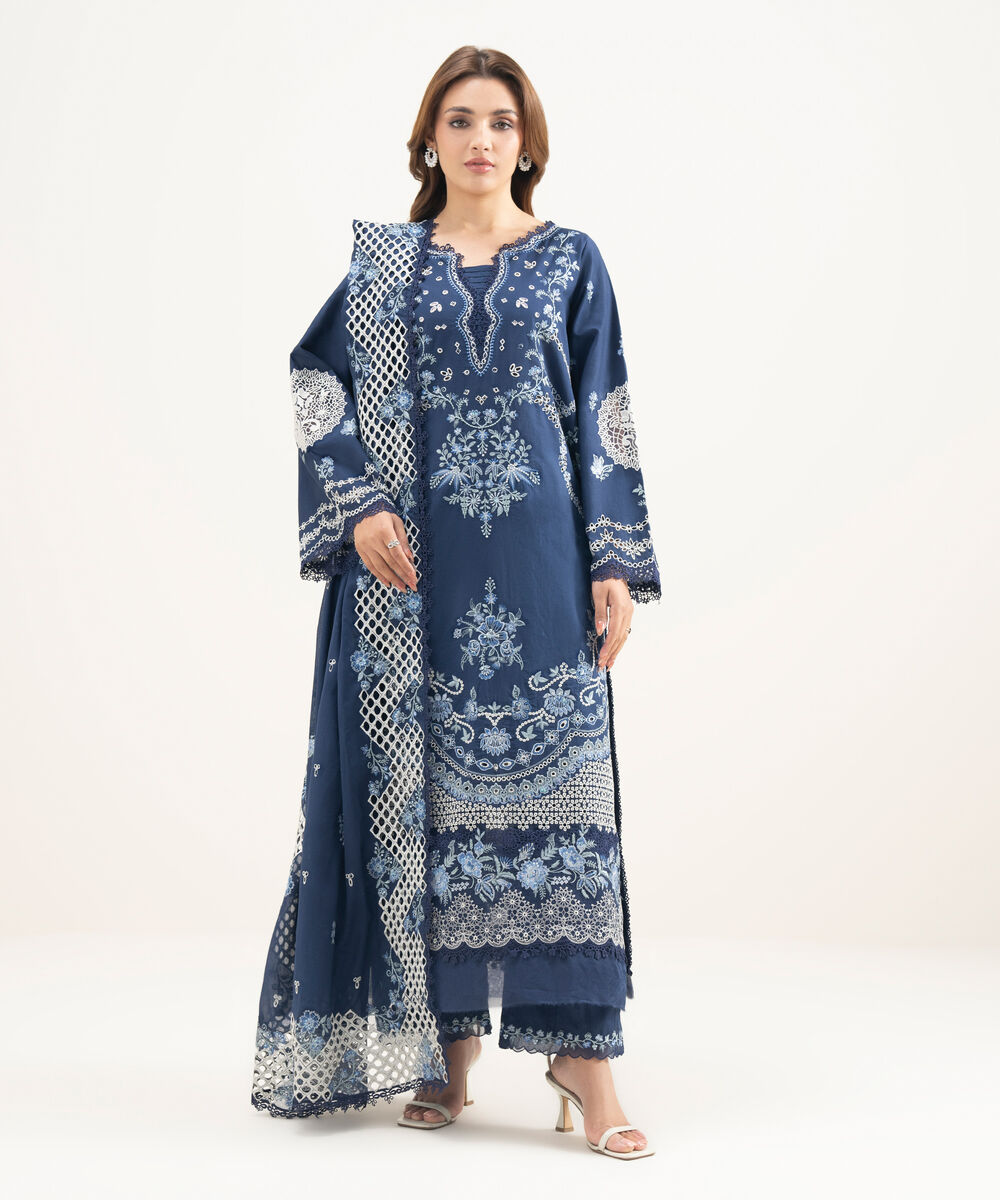 Women's Unstitched Lawn Embroidered Blue  3 Piece Suit