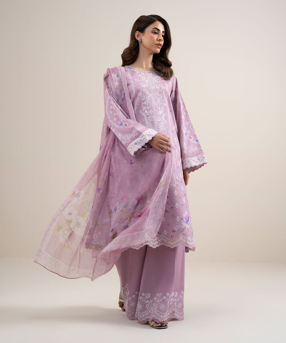 Women's Unstitched Dobby Embroidered Pink 3 Piece Suit