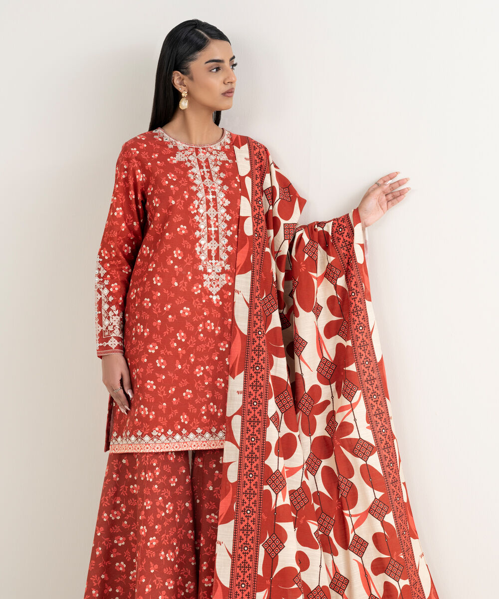 Women's Unstitched Embroidered Khaddar Red 3 Piece Suit