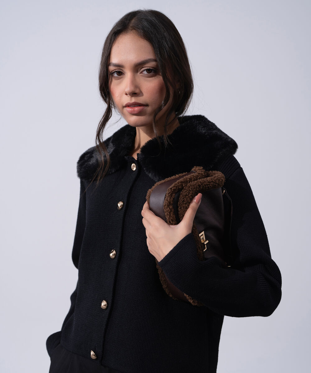 Women's Western Wear Black Polyester Rib Knit Cardigan With Fur Collar