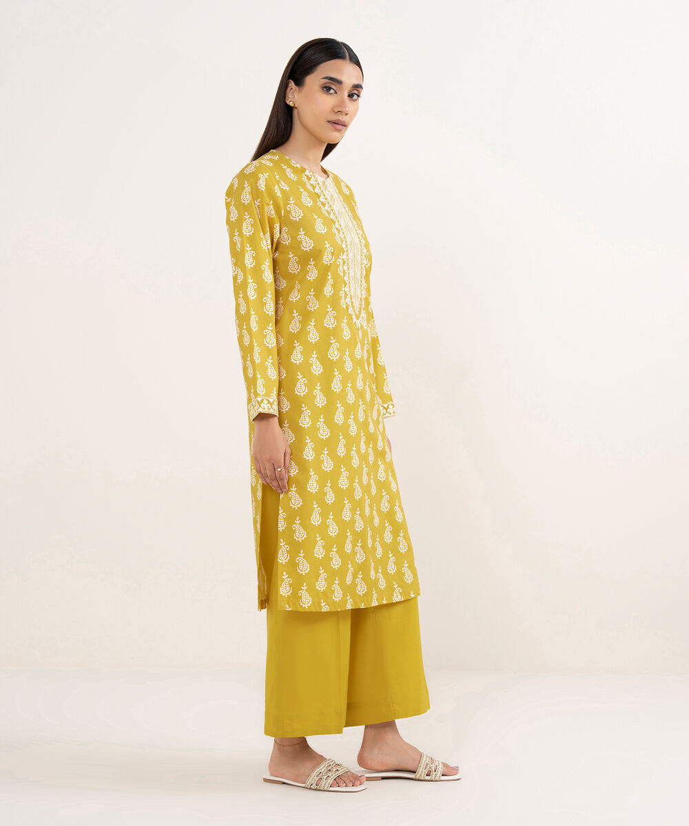 Women's RTW Lawn Yellow Embroidered A-Line Shirt