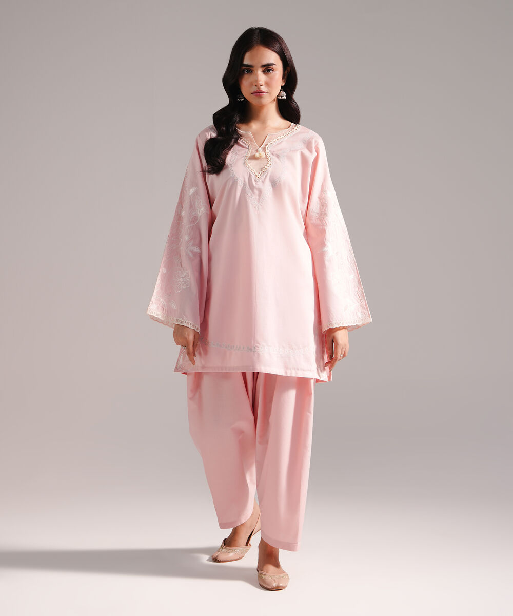 Women's RTW Crosshatch Embroidered Pink Straight Shirt