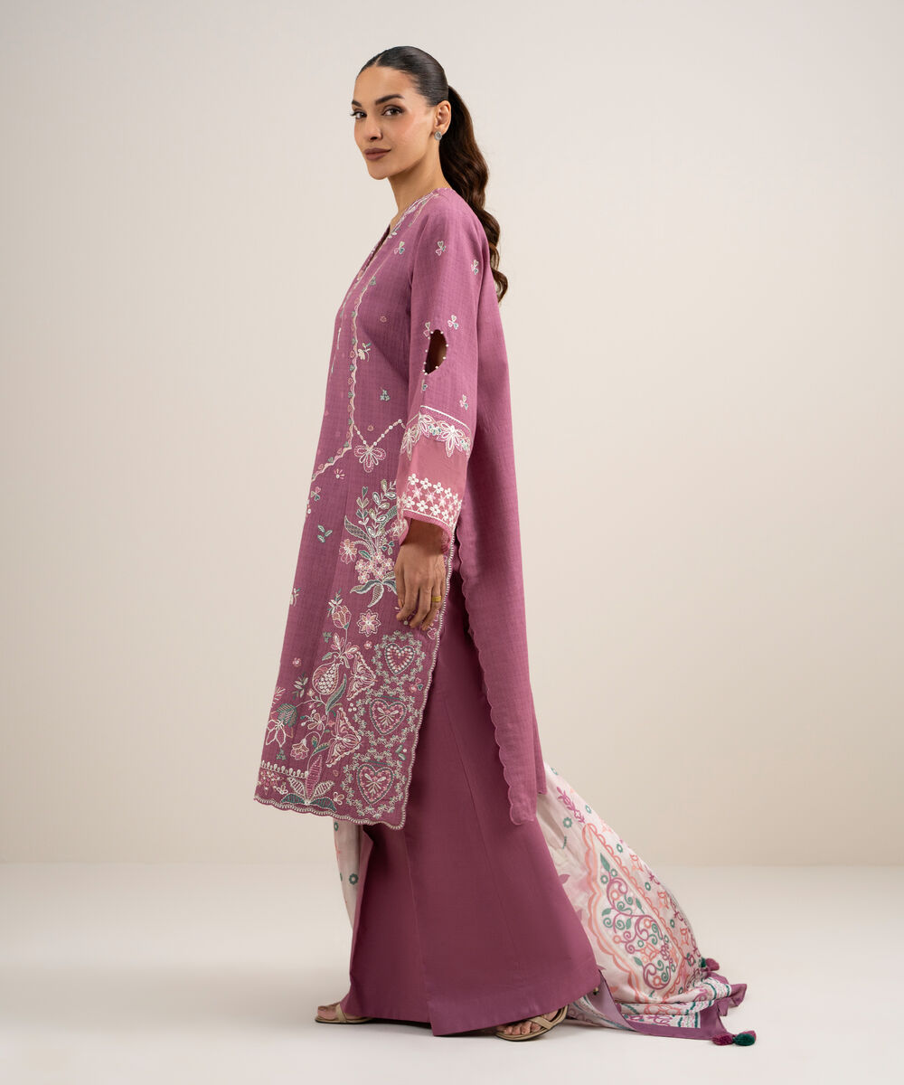 Women's Unstitched Dobby Embroidered Pink 3 Piece Suit