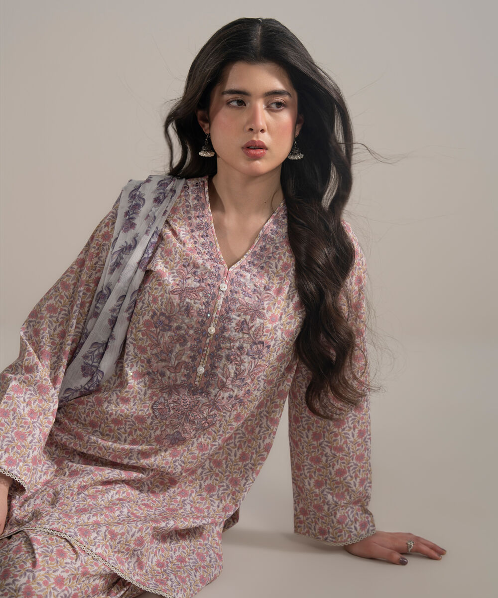 Women's RTW Cambric Embroidered White 3 Piece Suit